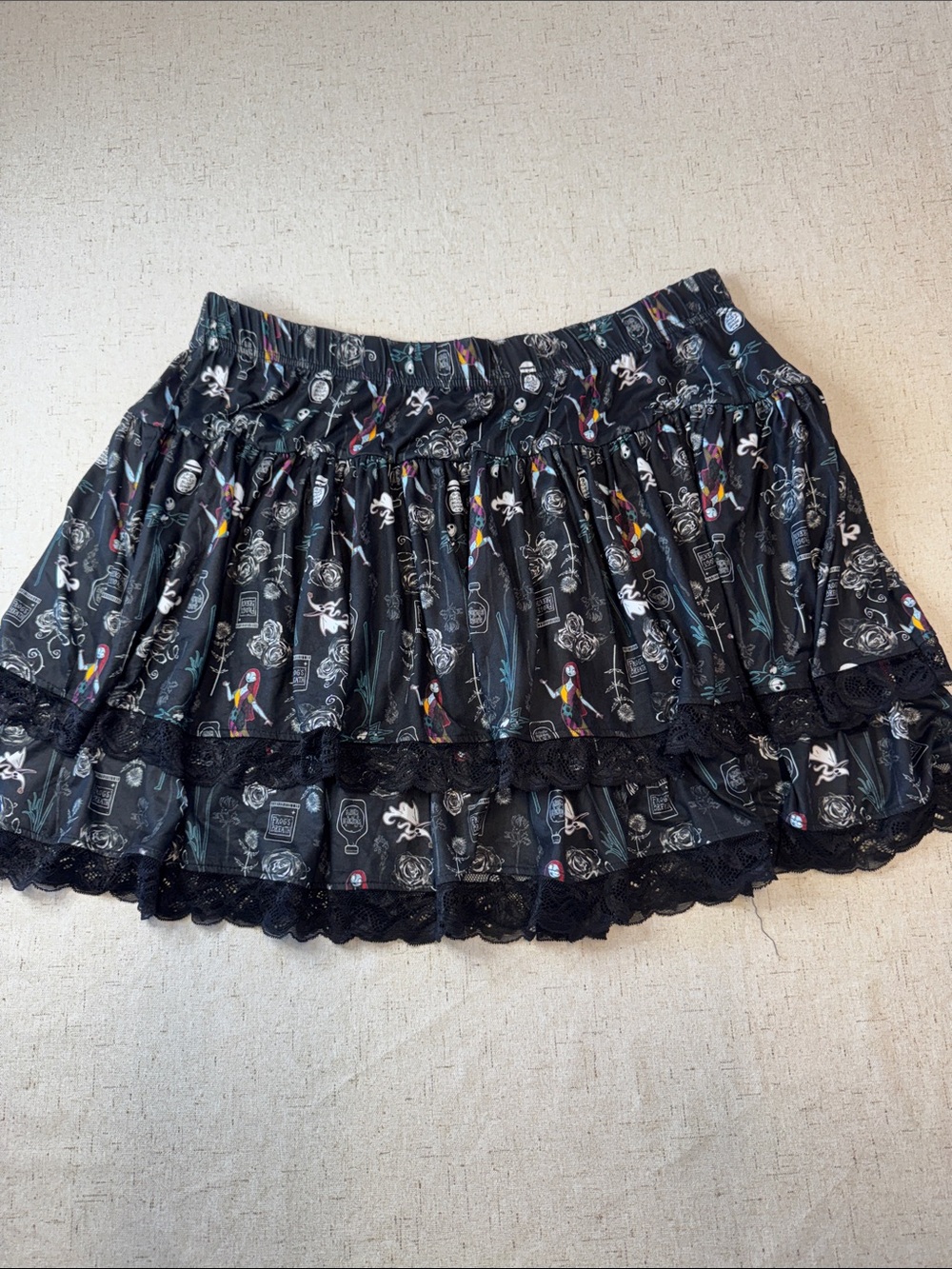 Disney Black Tiered Skirt with Lace Trim and Character Print N0745